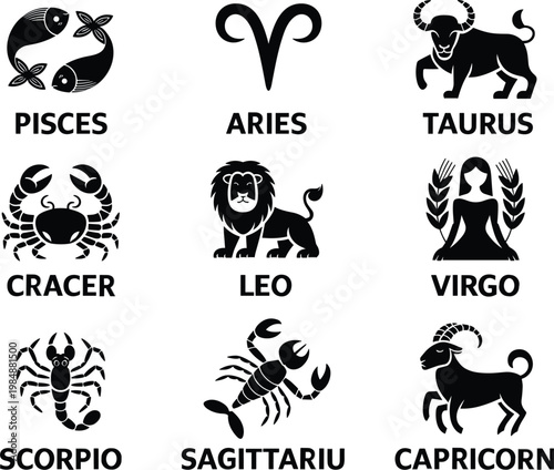 Zodiac signs collection vector set with black icons for astrology, horoscope symbols on white background