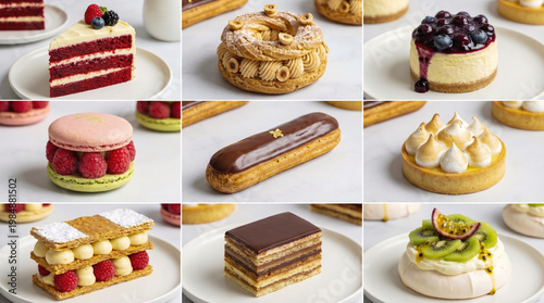 A collage of various desserts, including pastries and cakes.