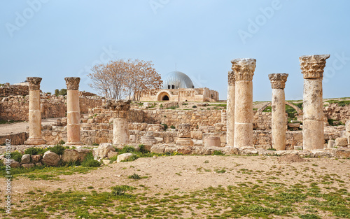 Stone columns remains in front of Umayyad Palace Mosque at Amman citadel in Jordan capital