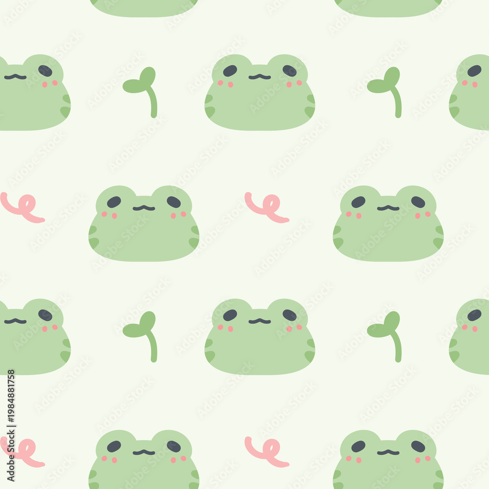 Obraz premium Cute Kawaii cartoon frog and sprout vector seamless pattern illustration