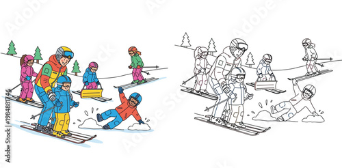 Kids Learning to Ski with Instructor in Winter Sports Illustration Set, Colorful and Black and White Coloring Page Outline Version for Children Educational Activity on Snow Mountain
