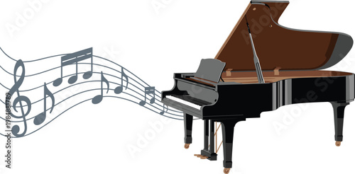 Grand piano vector illustration with music notes on stave, classical musical instrument for concert performance concept