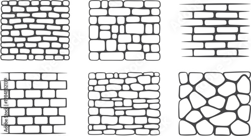 Set of stone wall texture vector, hand drawn brick masonry patterns for architectural background design