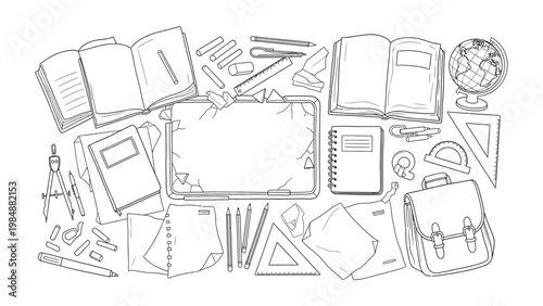 Educational Assortment: A top-down illustration of various school essentials, carefully arranged to convey the essence of learning, knowledge, and academic pursuits. 