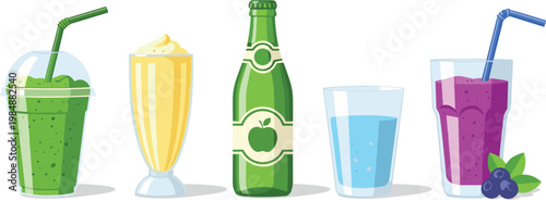 Refreshing drinks vector set with smoothies milkshake soda and juice beverages illustration isolated on white background