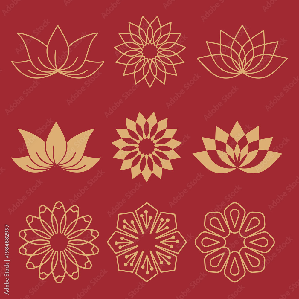 Obraz premium Golden Chinese Lotus and Floral Patterns Vector Set