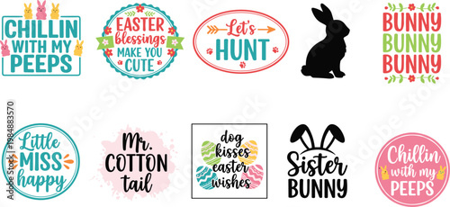 Vector illustration of colorful Easter graphics with bunnies, eggs, flowers, and festive typography for holiday design