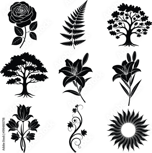 A collection of nine different plant silhouettes