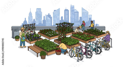 Urban garden with people and bicycles in front of city skyline