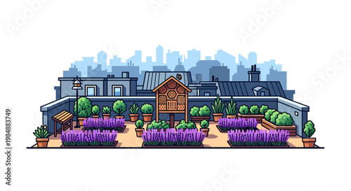 Vibrant urban garden with purple flowers and wooden shed