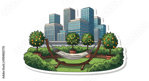 relaxation in city park with hammock and skyscrapers