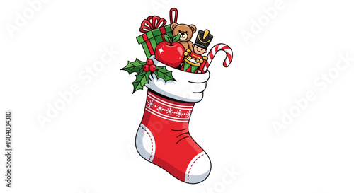 A festive red Christmas stocking stuffed with holiday gifts, candy canes, and ornaments, isolated on white as a merry Xmas celebration illustration