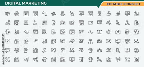 Digital Marketing line icon set. Digital Campaigns icon set. Included website, advertising, online, social, cyberspace, media and more. Editable stroke. Vector collection.