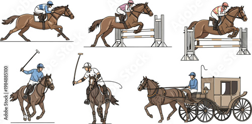 Detailed Vector Illustration Set Featuring Horse Racing Show Jumping Polo and Carriage