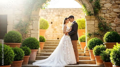 Bride and groom kissing under romantic stone archway in lush garden wedding ceremony