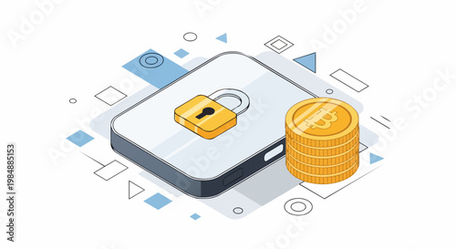 Isometric Smartphone Crypto Wallet Security Illustration with Bitcoin Coins and Padlock