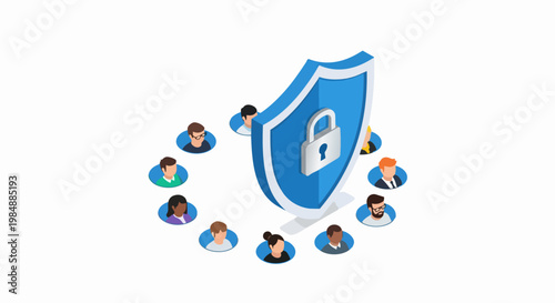Cybersecurity and Data Privacy Illustration with Shield and Diverse User Avatars Isometric Vector Concept