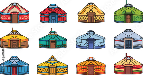 Hand-drawn Vector Set of Twelve Colorful Nomadic Yurts with Unique Patterns and Designs