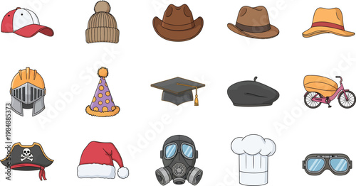 Hand Drawn Vector Icon Set of Various Hats Headgear Protective Masks and Cargo Bicycle