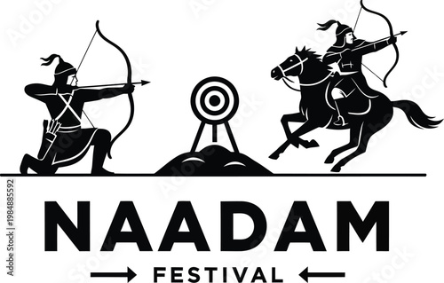 Minimalist Black Silhouette Vector Graphic for Mongolian Naadam Festival Featuring Archers and Horseback Riding