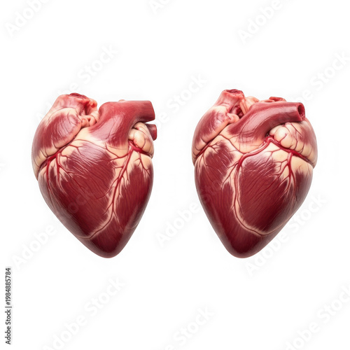 Two fresh raw lamb hearts with visible vessels on black background raw meat fresh meat anatomical