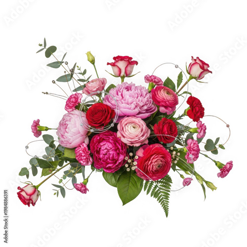 Vibrant pink and red roses with green foliage arranged in a dark background pink roses rose bouquet