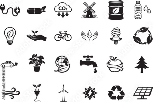 Ecology line icon set with recycle, solar power, eco farming, green energy, water symbols.