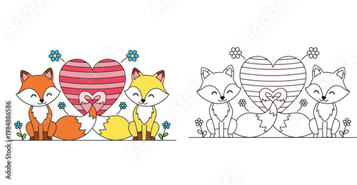 Cute Fox Couple in Love with Heart Tails and Flowers, Coloring Page for Kids, Valentine Day Theme Vector Illustration with Colored and Black and White Outline Versions