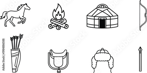 Minimalist Nomadic Culture Vector Icon Set Featuring Horse Yurt Bow and Traditional Warrior Equipment