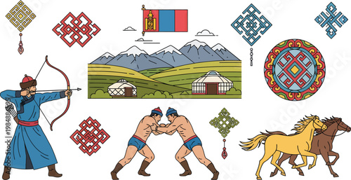 Mongolian Cultural Heritage Vector Illustration Set Featuring Traditional Sports and Nomadic Life