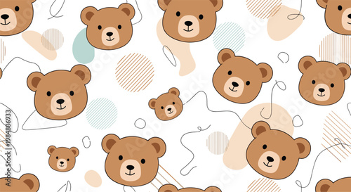 Cheerful seamless pattern featuring cute brown teddy bear heads and abstract geometric shapes in soft pastel colors for nursery decor.