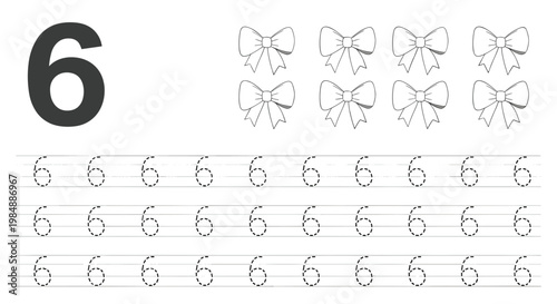 Preschool math worksheet for learning numbers featuring a large digit six for tracing and eight decorative bows for counting exercises.