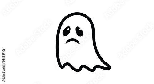 Minimalist black and white icon of a sad ghost character with a mourning expression for simple Halloween graphic design elements.