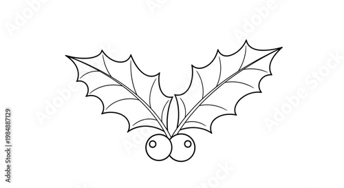 Classic Christmas decoration illustration featuring two holly leaves and two berries in a simple black and white line art style.