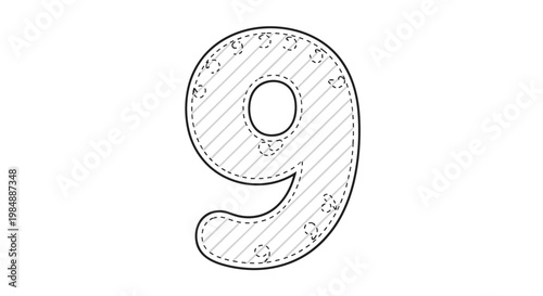 Number nine illustration with dotted and dashed outlines creates fun tracing worksheet for early childhood numeracy skill building.