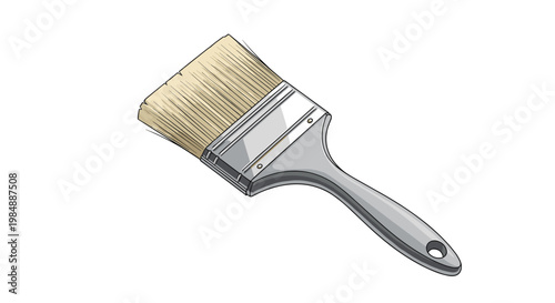 Large flat paintbrush with wooden handle and light colored bristles serves as essential tool for house painting and diy renovation projects.