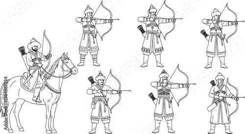 Set of Historical Ottoman Archer Warriors in Traditional Attire Vector Line Art Illustration