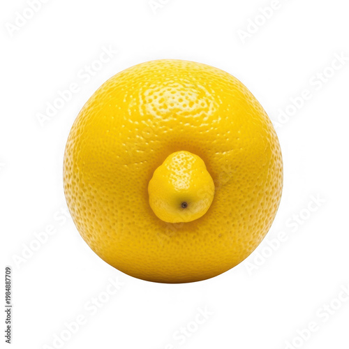 Bright yellow lemon with textured dimpled skin and green stem end on black background citrus fruit