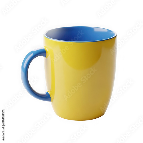 Yellow ceramic mug with glossy blue interior and handle against black background yellow mug