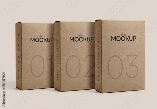 Trio Vertical Cardboard Box Packaging Mockup with Editable Background and Realistic Texture