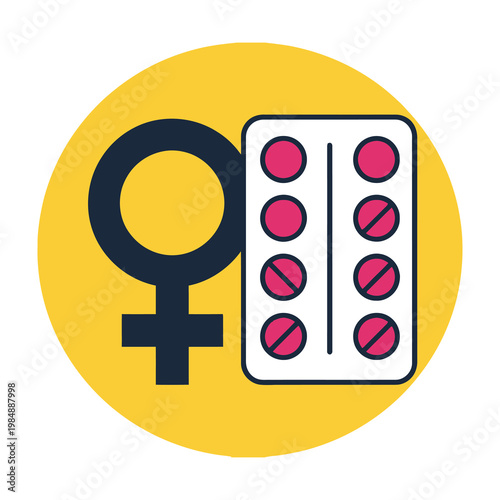 Female symbol with birth control pills on yellow background