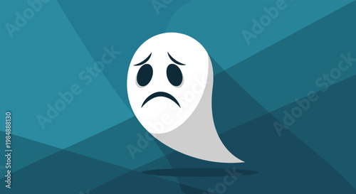 Sad floating ghost cartoon on blue geometric background creates melancholic and spooky atmosphere for halloween themed creative projects.