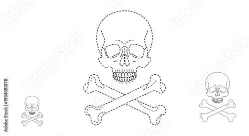 Set of three various sized skull and crossbones tracing worksheets helps children practice drawing icons of different scales and complexities.