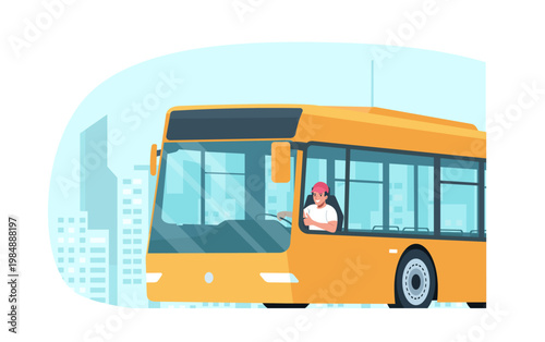 Bus with a cheerful driver at the wheel. Bus driver showing thumbs up gesture. Vector illustration.