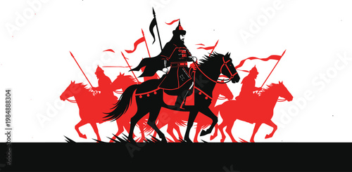 Silhouette Illustration of Ancient Mongol Warriors on Horseback with Spears and Flags