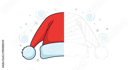 Symmetrical drawing worksheet for kids featuring a santa claus hat with a complete left side and a dotted right side for tracing.