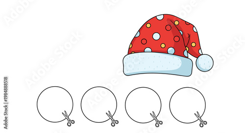 Educational preschool activity page featuring a spotted santa hat and four circles for cutting out to develop fine motor skills.