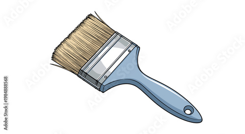 Detailed illustration of a wide paint brush with a light blue handle and natural bristles for diy and home improvement themes.
