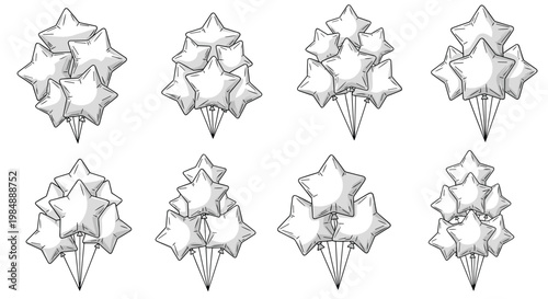 Collection of various clusters of white star shaped balloons for festive decorations and special event celebrations in black and white.