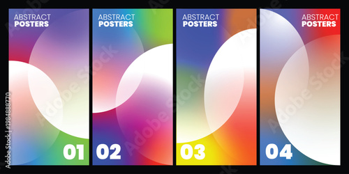 Set of four futuristic abstract gradient posters with blurred white spheres isolated on transparent background